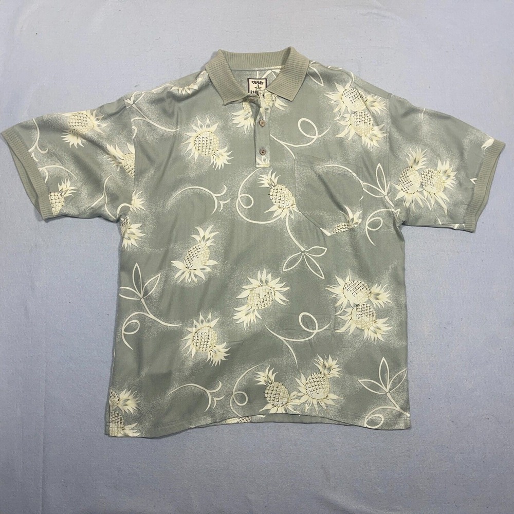 VTG Tommy Bahama Pineapple Polo‎ Men XL Relaxed Sage Green Tropical Silk Coastal
